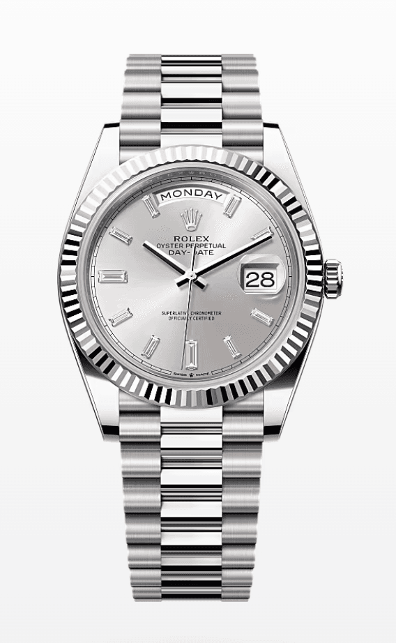 Rolex Daydate Silver Dial with Baguette Markers 40mm Platinum