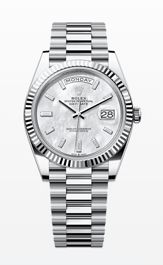 Rolex Daydate Mother of Pearl Dial with Baguette Markers 40mm Platinum