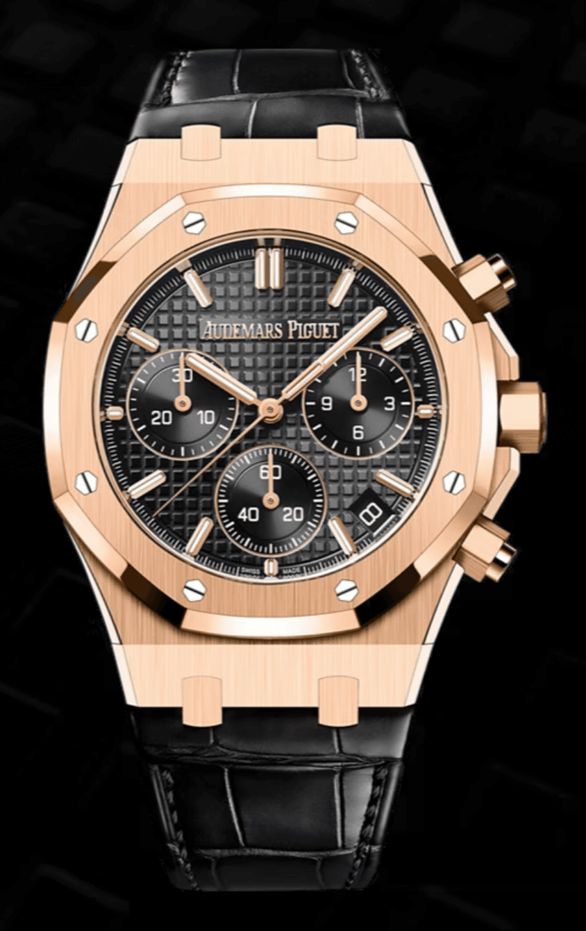 Audemars Piguet Royal Oak 41mm Chronograph Black "Grande Tapisserie" Dial Rose Gold Alligator Strap
