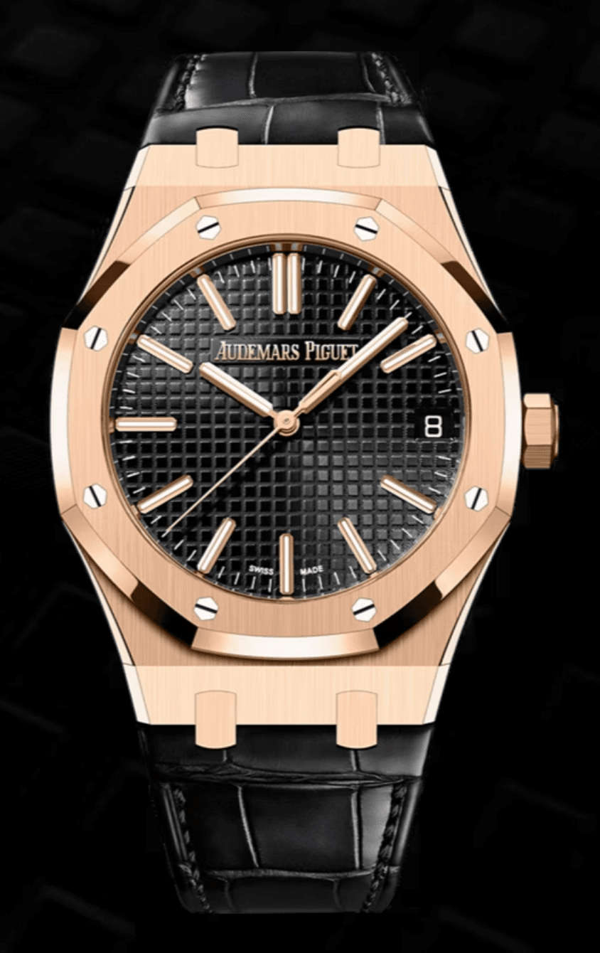 Audemars Piguet Royal Oak 41mm Black "Grande Tapisserie" Dial Full Rose Gold Alligator Strap