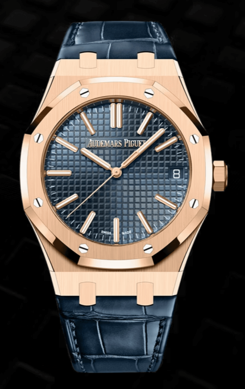 Audemars Piguet Royal Oak 41mm Blue "Grande Tapisserie" Dial Full Rose Gold Alligator Strap