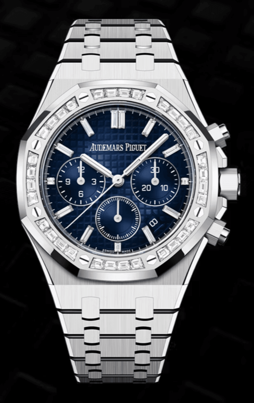 Audemars Piguet Royal Oak Chronograph 38mm Smoked Blue Dial Baguette Bezel Full White Gold