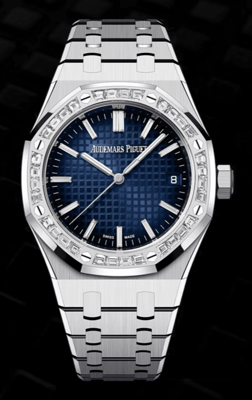 Audemars Piguet Royal Oak 37mm Smoked Blue "Grande Tapisserie" Dial Baguette Bezel Full White Gold