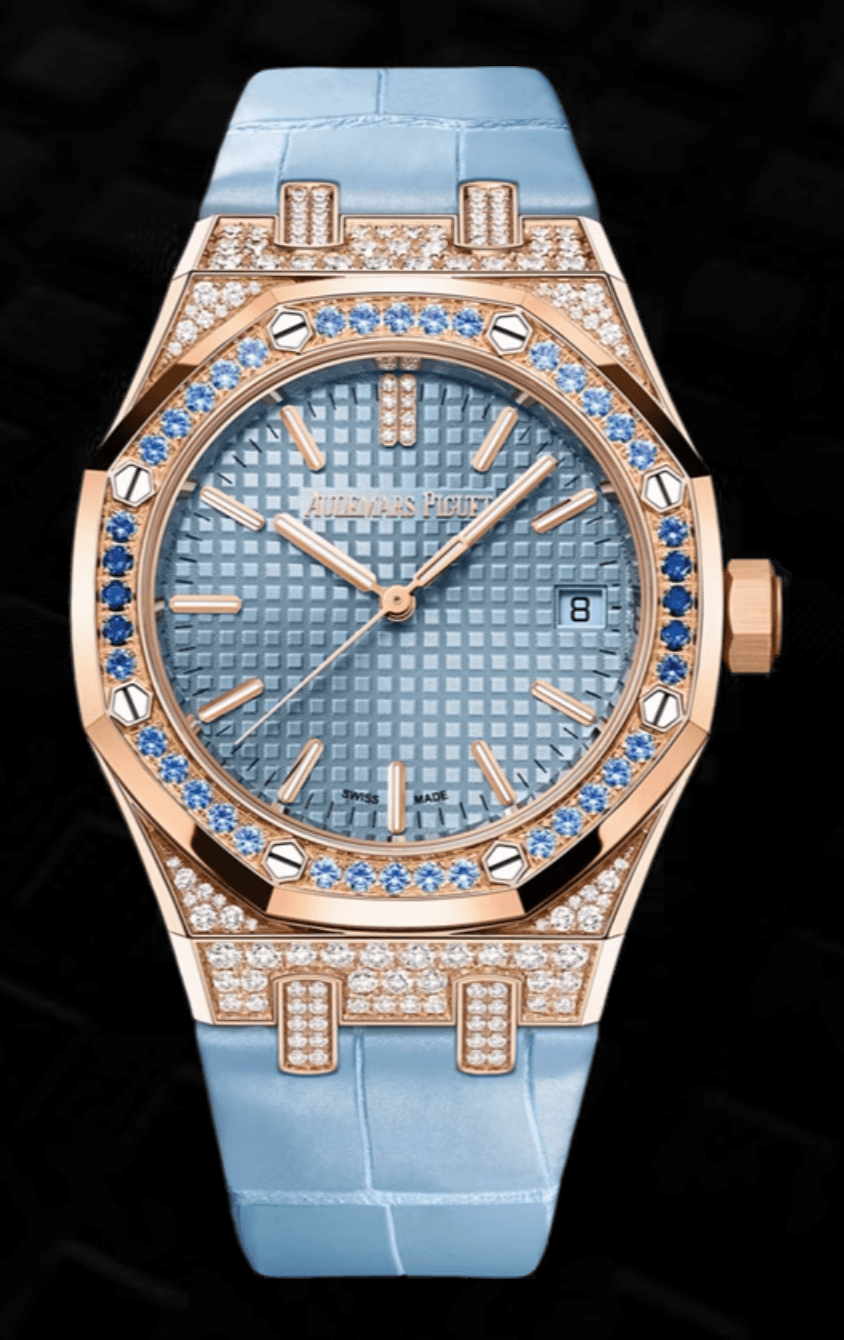 Audemars Piguet Royal Oak 37mm Smoked Pastel Blue "Grande Tapisserie" Dial Blue Sapphire Bezel and Diamond Lugs Rose Gold Blue Alligator Strap