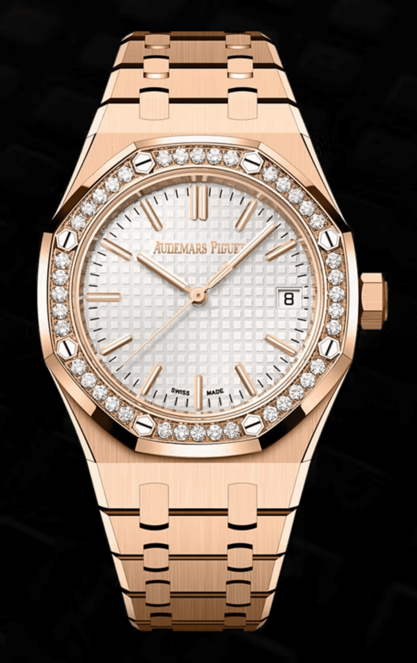 Audemars Piguet Royal Oak 37mm White "Grande Tapisserie" Dial Diamond Bezel Full Rose Gold