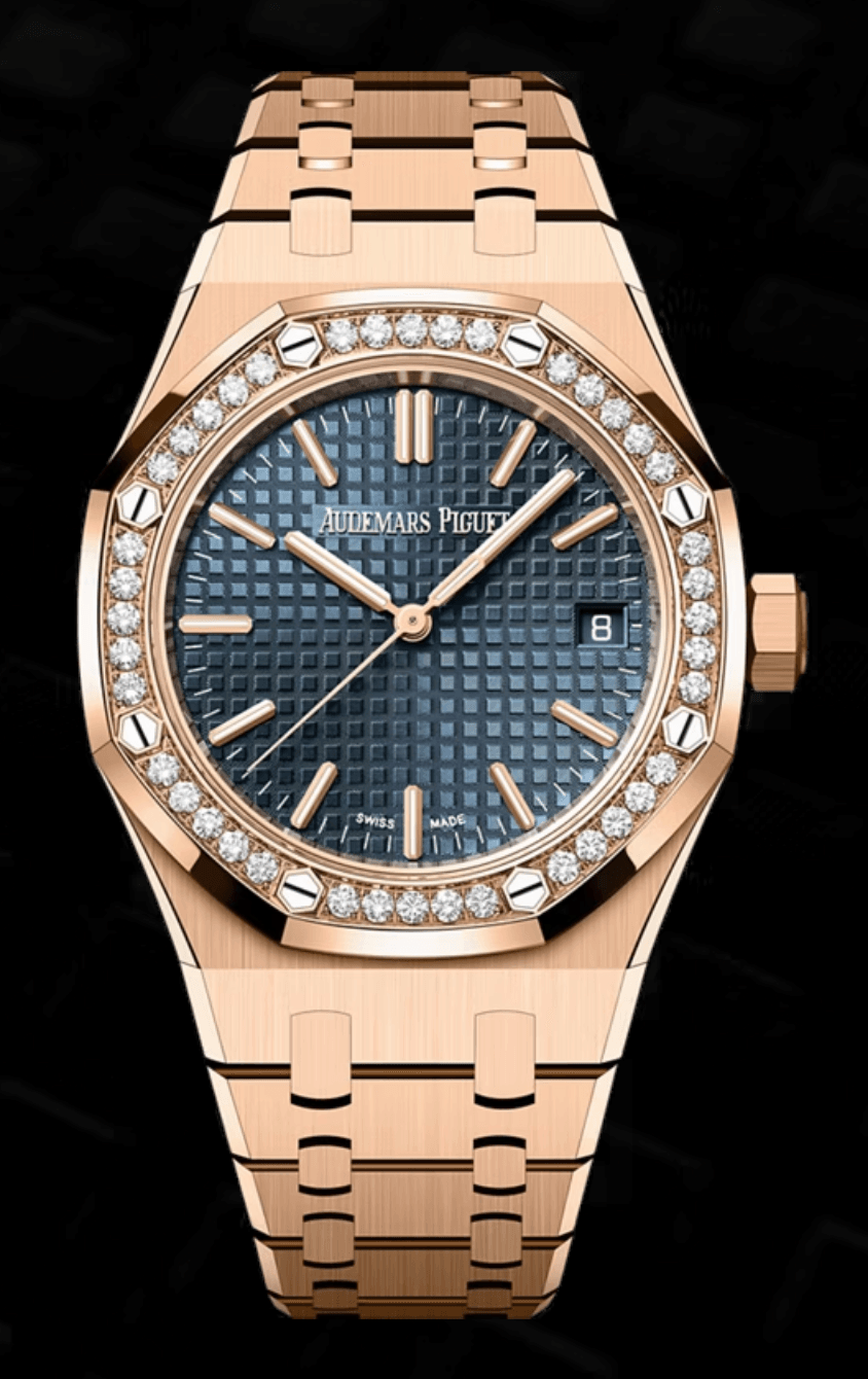 Audemars Piguet Royal Oak 37mm Blue "Grande Tapisserie" Dial Diamond Bezel Full Rose Gold