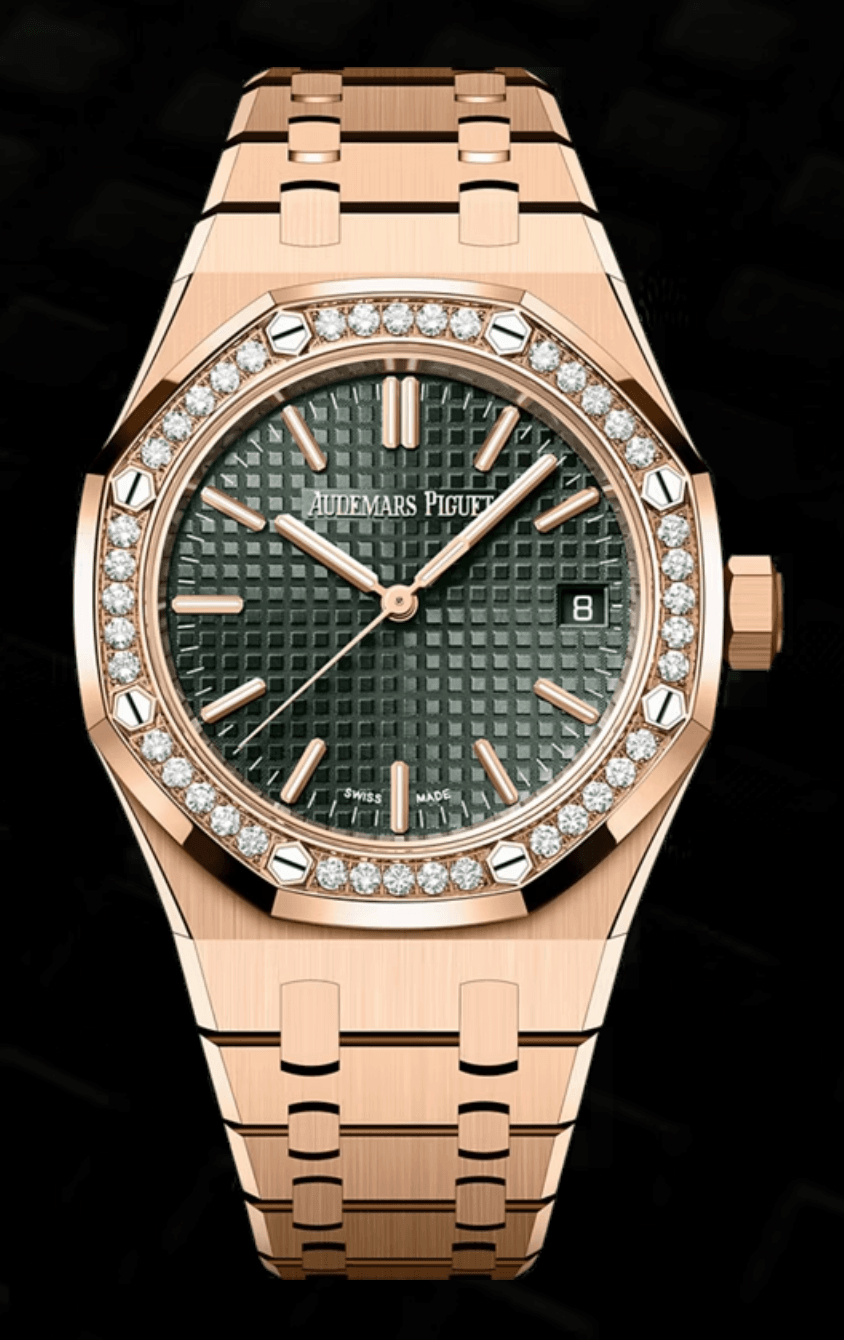 Audemars Piguet Royal Oak 37mm Khaki Green "Grande Tapisserie" Dial Diamond Bezel Full Rose Gold