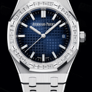 Audemars Piguet Royal Oak 34mm Smoked Blue "Grande Tapisserie" Dial Baguette Bezel Full White Gold