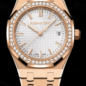 Audemars Piguet Royal Oak 34mm Silver-Toned "Grande Tapisserie" Dial Diamond Bezel Full Rose Gold