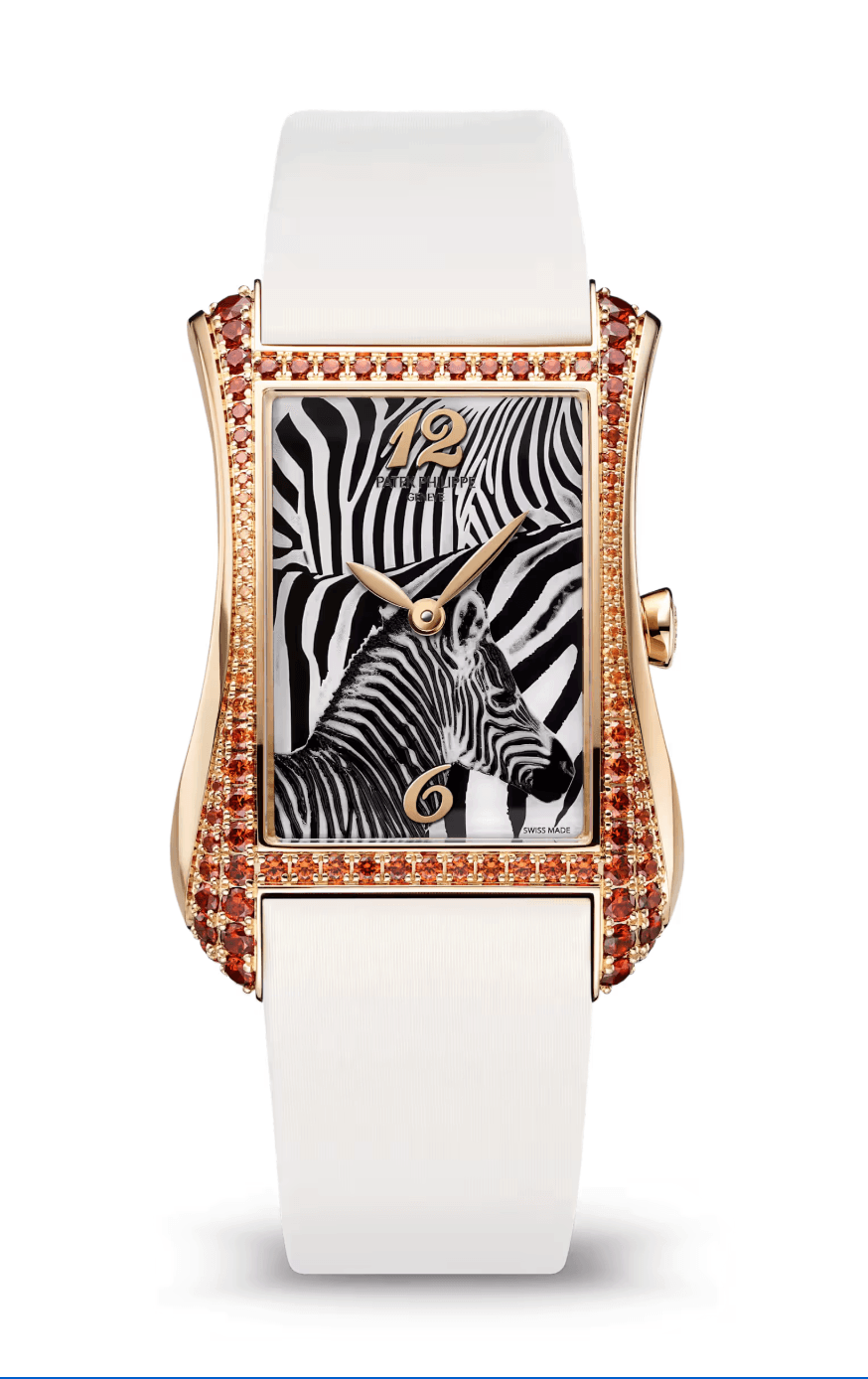 Patek Philippe Gondolo Serata Zebra Motif Dial Spessartite Case Rose Gold White Calfskin Strap