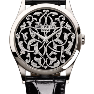 Patek Philippe Calatrava 38mm Hand-Engraved Black Enamel Dial Platinum Black Alligator Strap