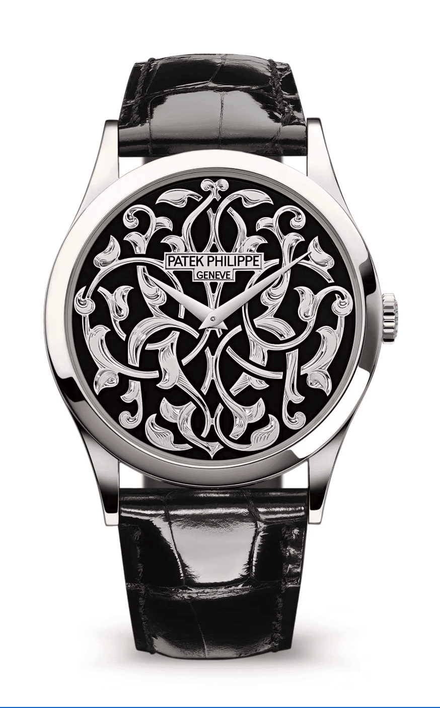 Patek Philippe Calatrava 38mm Hand-Engraved Black Enamel Dial Platinum Black Alligator Strap