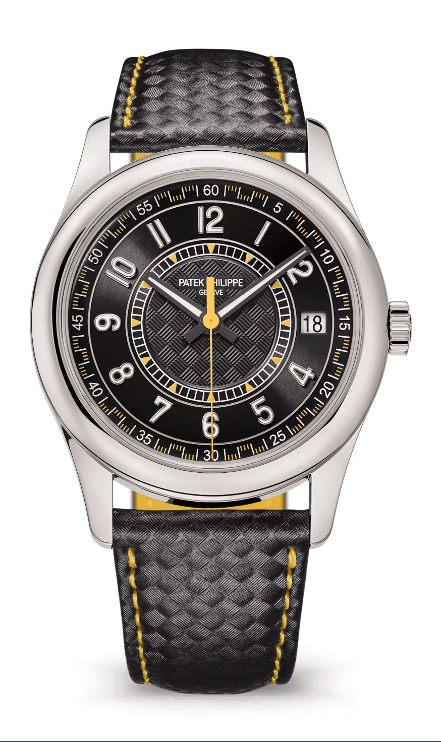 Patek Philippe Calatrava 40mm Ebony Black-Yellow Dial White Gold Dark Carbon-Style Calfskin Strap