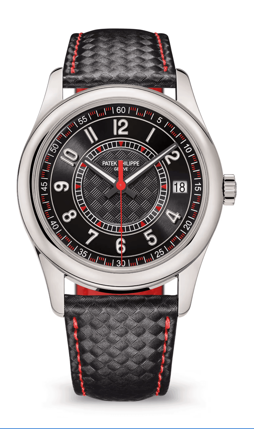 Patek Philippe Calatrava 40mm Ebony Black-Red Dial White Gold Dark Carbon-Style Calfskin Strap