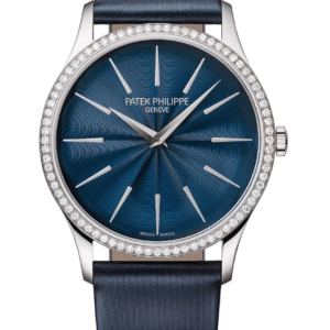 Patek Philippe Calatrava 35mm Lacquered Blue Dial Diamond Bezel White Gold Navy Blue Calfskin Strap