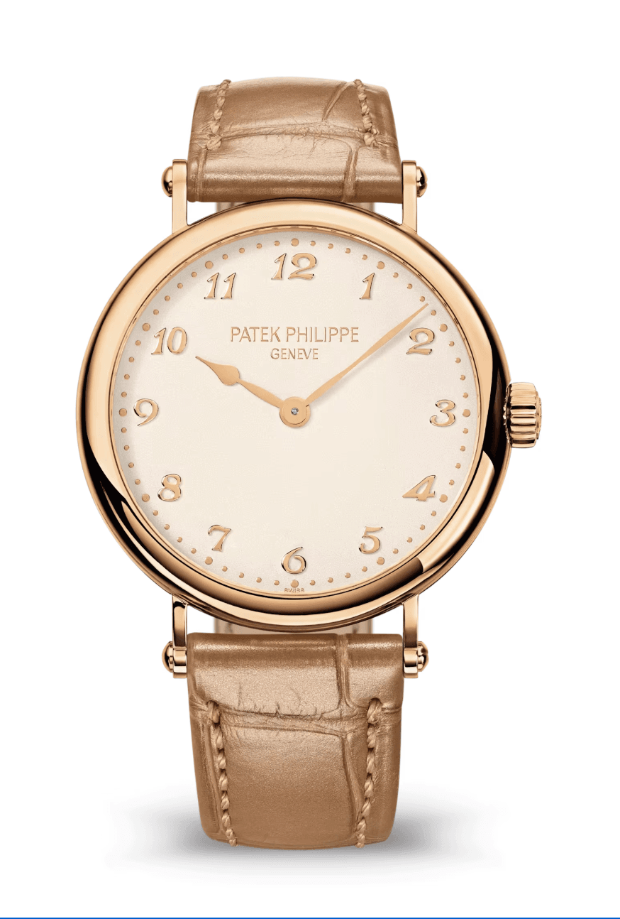 Patek Philippe Calatrava 34mm Silver Grained Dial Rose Gold Beige Alligator Strap
