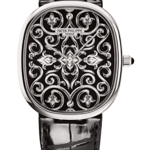 Patek Philippe Golden Ellipse Hand-Engraved Black Enamel Dial White Gold Black Alligator Strap