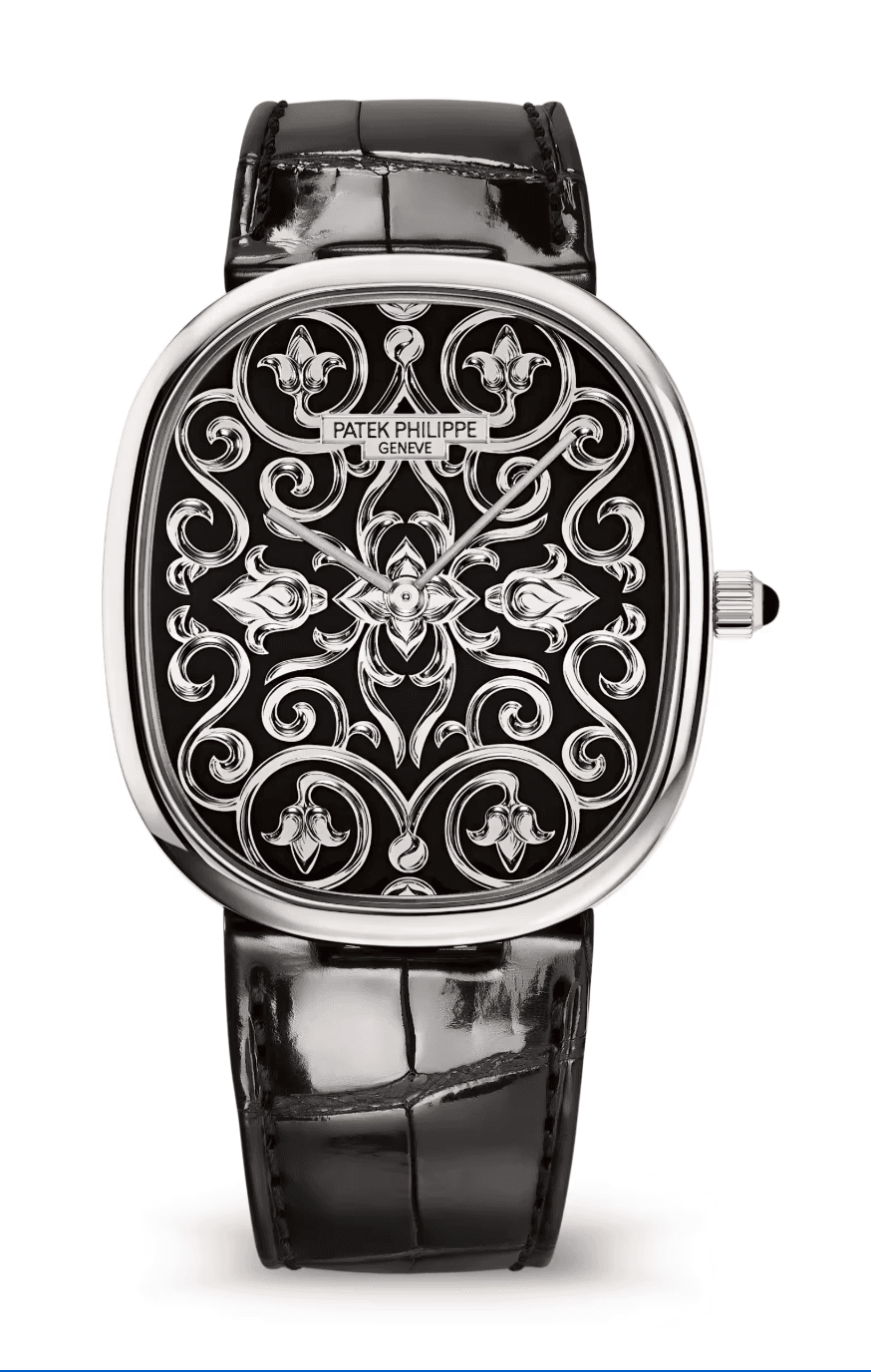 Patek Philippe Golden Ellipse Hand-Engraved Black Enamel Dial White Gold Black Alligator Strap
