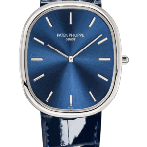 Patek Philippe Golden Ellipse Sunburst Blue Dial Platinum Navy Blue Alligator Strap