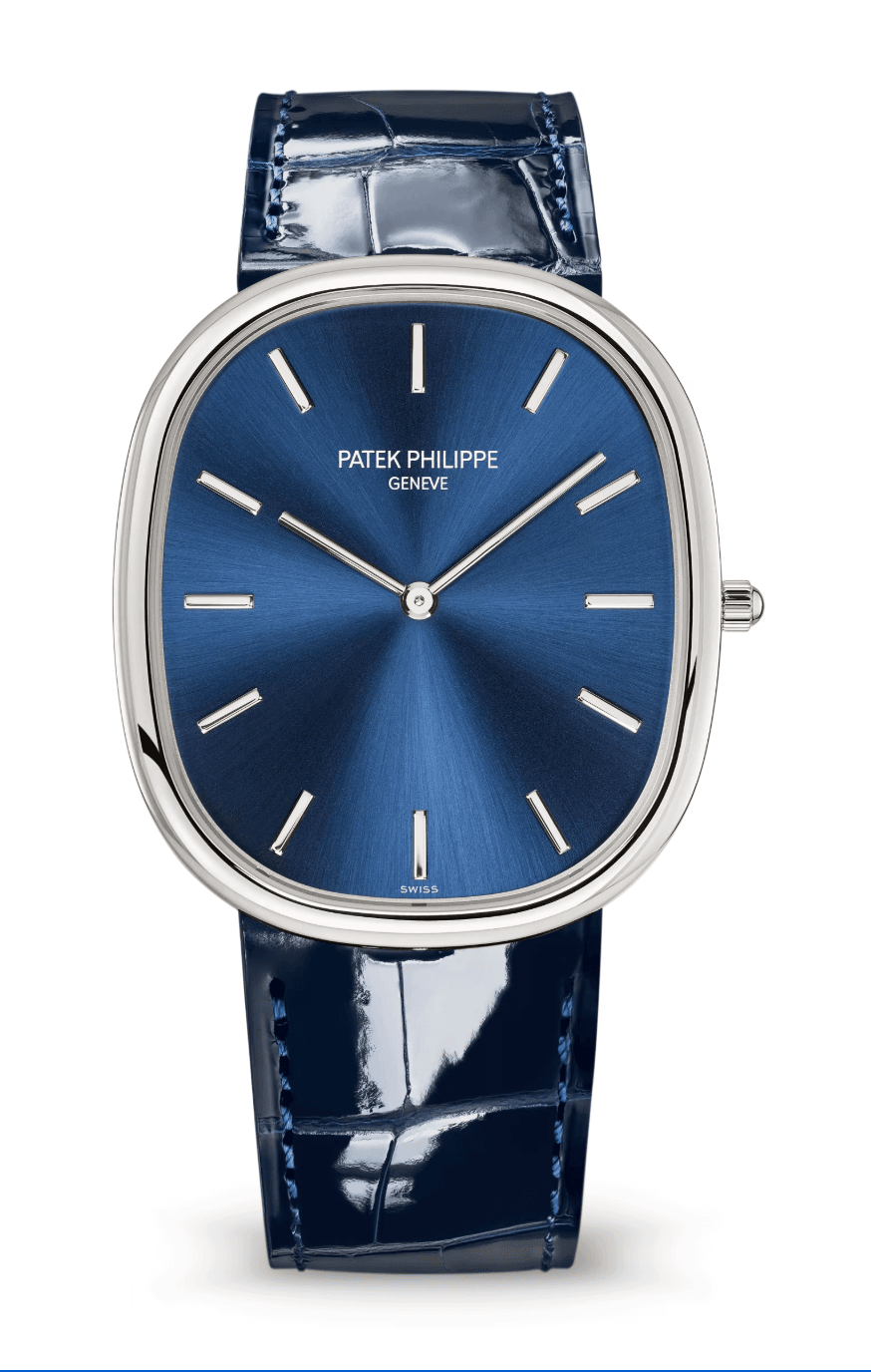 Patek Philippe Golden Ellipse Sunburst Blue Dial Platinum Navy Blue Alligator Strap