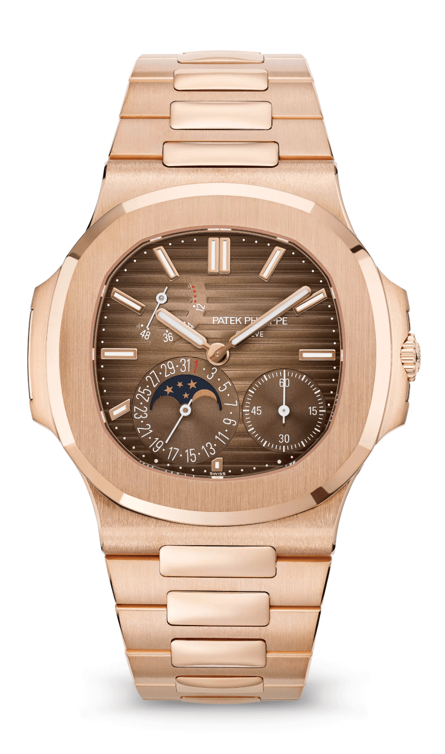 Patek Philippe Nautilus Moon-Phase 40mm Sunburst Brown Dial Full Rose Gold