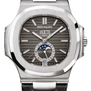 Patek Philippe Nautilus Annual Calendar 40mm Sunburst Charcoal Grey Dial Stainless Steel Matte Black Alligator Strap