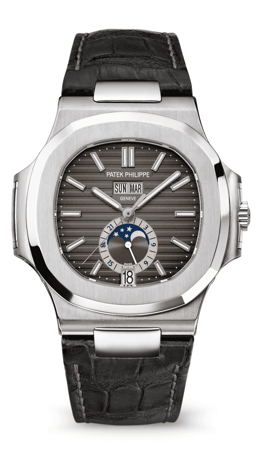 Patek Philippe Nautilus Annual Calendar 40mm Sunburst Charcoal Grey Dial Stainless Steel Matte Black Alligator Strap