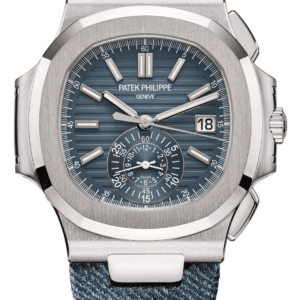 Patek Philippe Nautilus Flyback Chronograph 40mm Opaline Blue-Grey Dial White Gold Denim Calfskin Strap