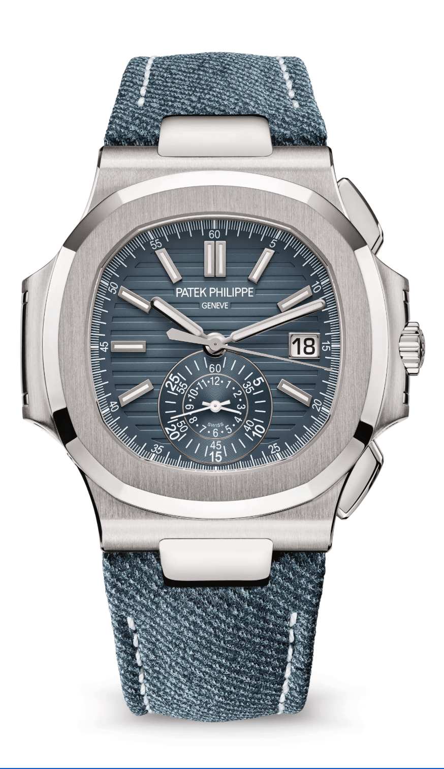 Patek Philippe Nautilus Flyback Chronograph 40mm Opaline Blue-Grey Dial White Gold Denim Calfskin Strap