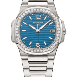 Patek Philippe Nautilus 32mm Lacquered Azure Blue Dial Diamond Bezel Full White Gold