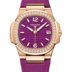 Patek Philippe Nautilus 32mm Lacquered Purple Dial Diamond Bezel Rose Gold Lacquered Purple Composite Strap