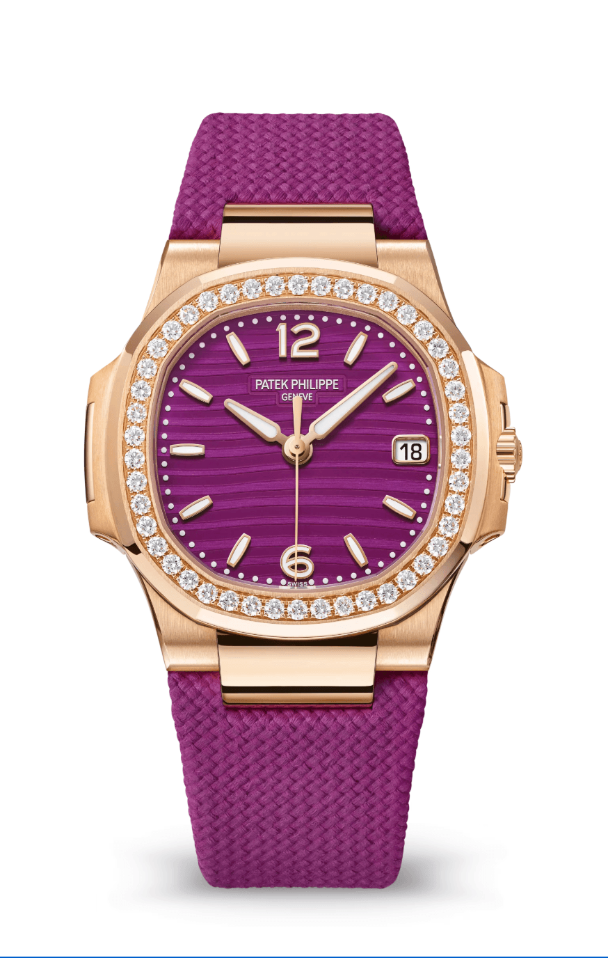 Patek Philippe Nautilus 32mm Lacquered Purple Dial Diamond Bezel Rose Gold Lacquered Purple Composite Strap