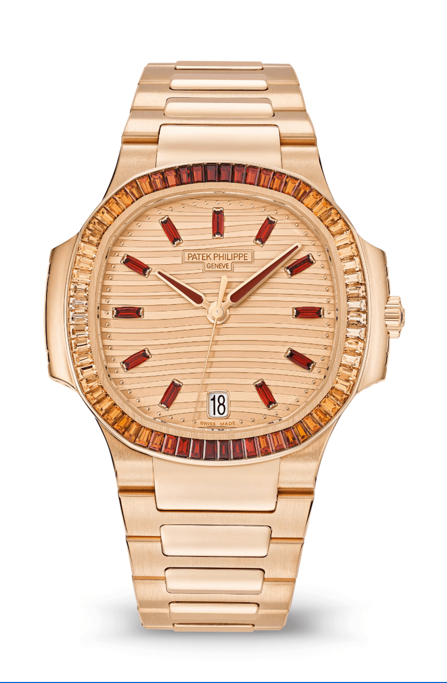 Patek Philippe Nautilus 35mm Rose-Gilt Spessartite Dial Champagne-Cognac Spessartites Bezel Full Rose Gold