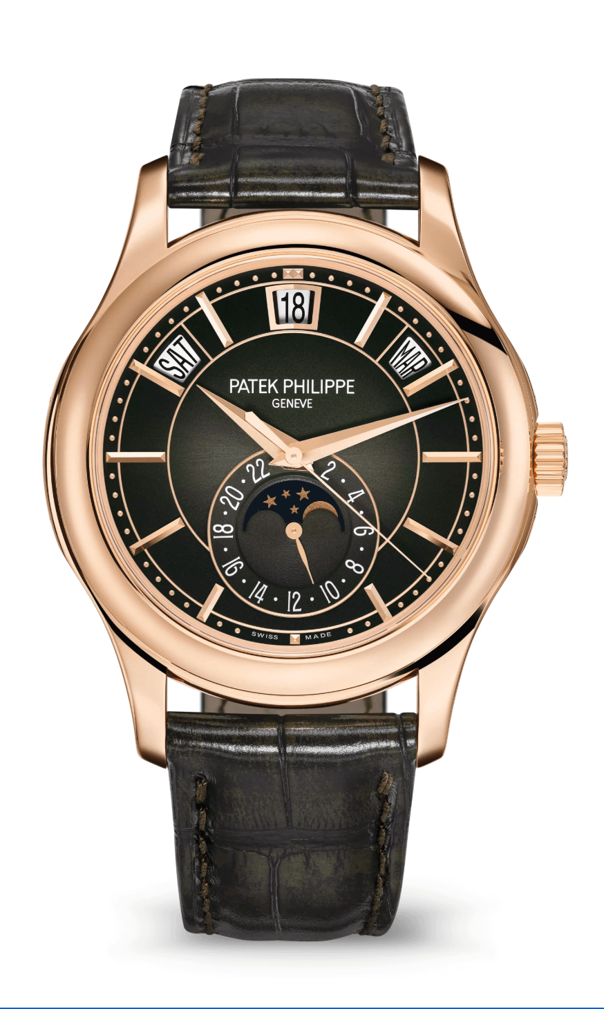 Patek Philippe Complications Annual Calendar 40mm Sunburst Olive Green Gradient Rose Gold Green Alligator Strap