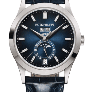 Patek Philippe Complications Annual Calendar 40mm Sunburst Blue Baguette Dial White Gold Navy Blue Alligator Strap