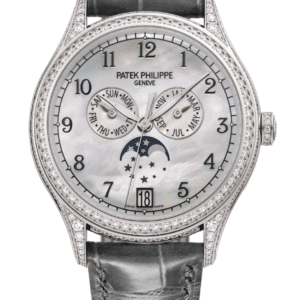 Patek Philippe Complications Annual Calendar 38mm Mother of Pearl Dial Diamond Bezel White Gold Light Grey Alligator Strap