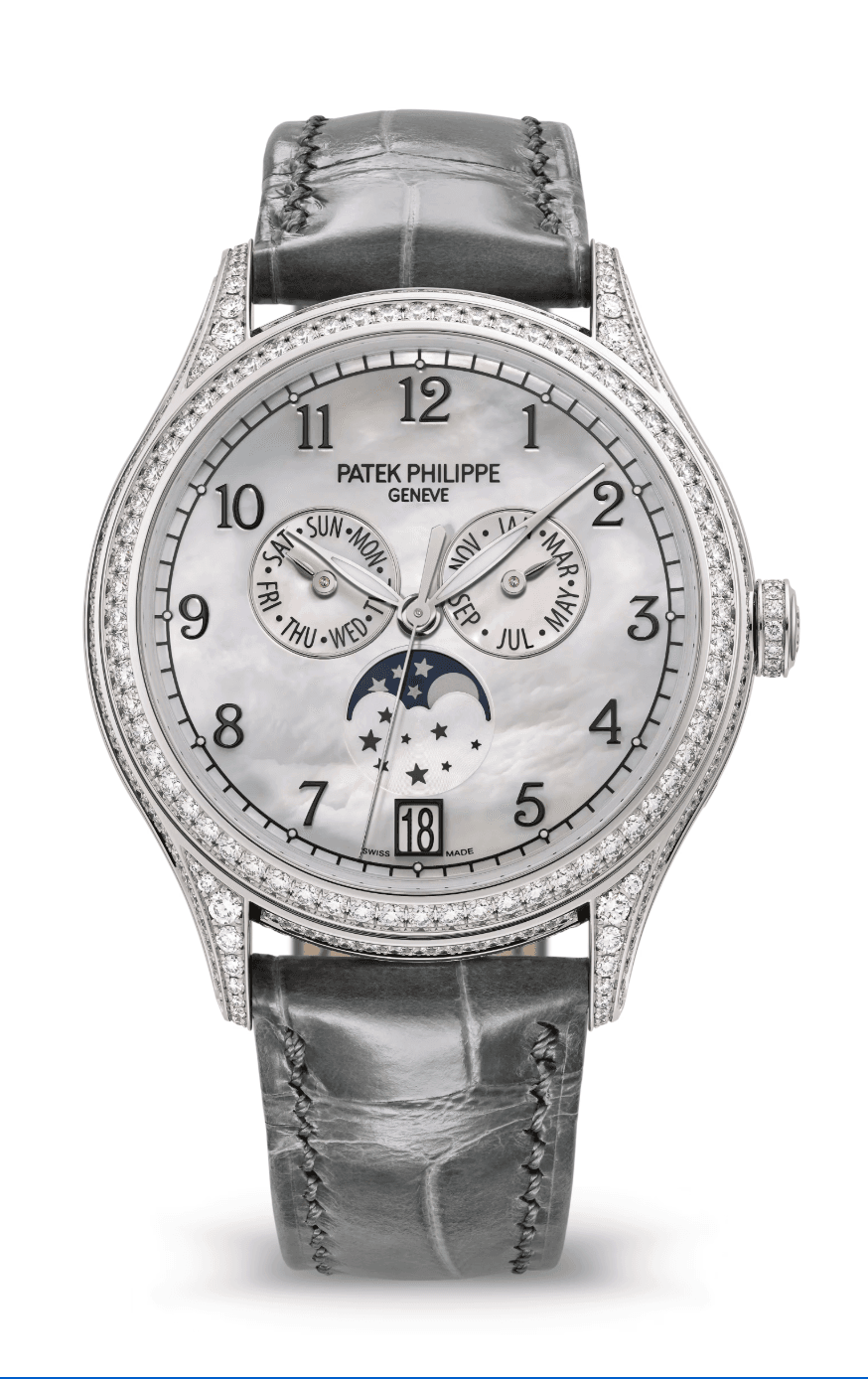 Patek Philippe Complications Annual Calendar 38mm Mother of Pearl Dial Diamond Bezel White Gold Light Grey Alligator Strap