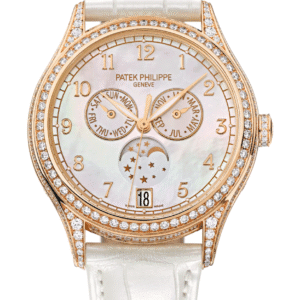 Patek Philippe Complications Annual Calendar 38mm Mother of Pearl Dial Diamond Bezel Rose Gold Pearly White Alligator Strap