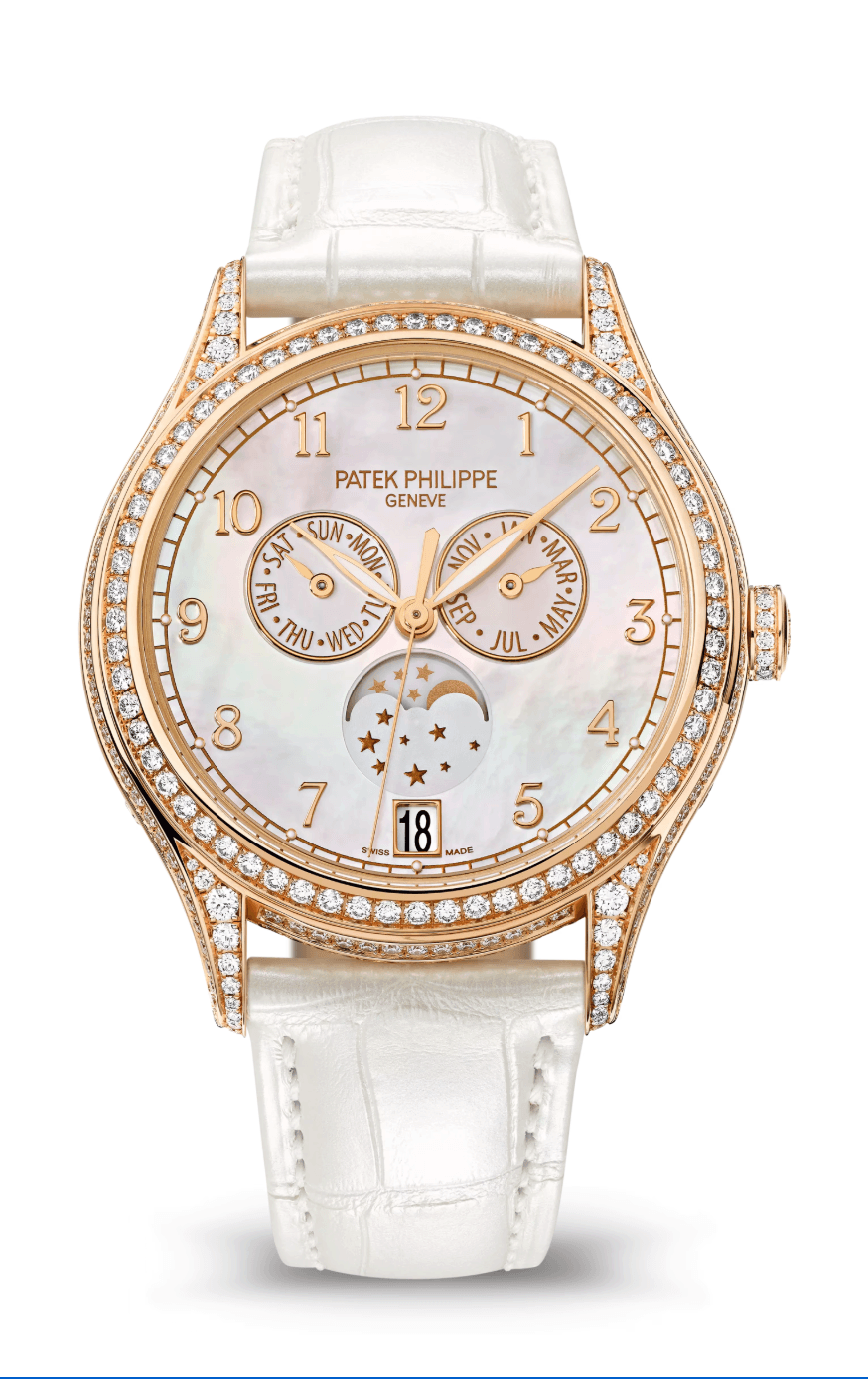 Patek Philippe Complications Annual Calendar 38mm Mother of Pearl Dial Diamond Bezel Rose Gold Pearly White Alligator Strap