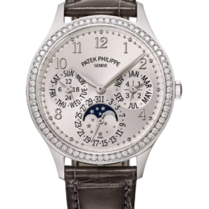 Patek Philippe Grand Complications Perpetual Calendar 35mm Sunburst Silver Dial Diamond Bezel White Gold Shiny Grey Alligator Strap