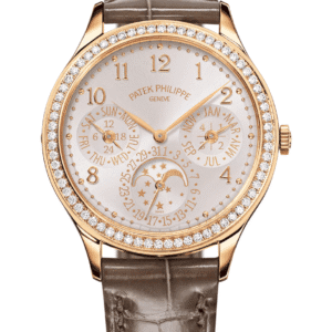 Patek Philippe Grand Complications Perpetual Calendar 35mm Sunburst Silver Dial Diamond Bezel Rose Gold Mink Grey Alligator Strap