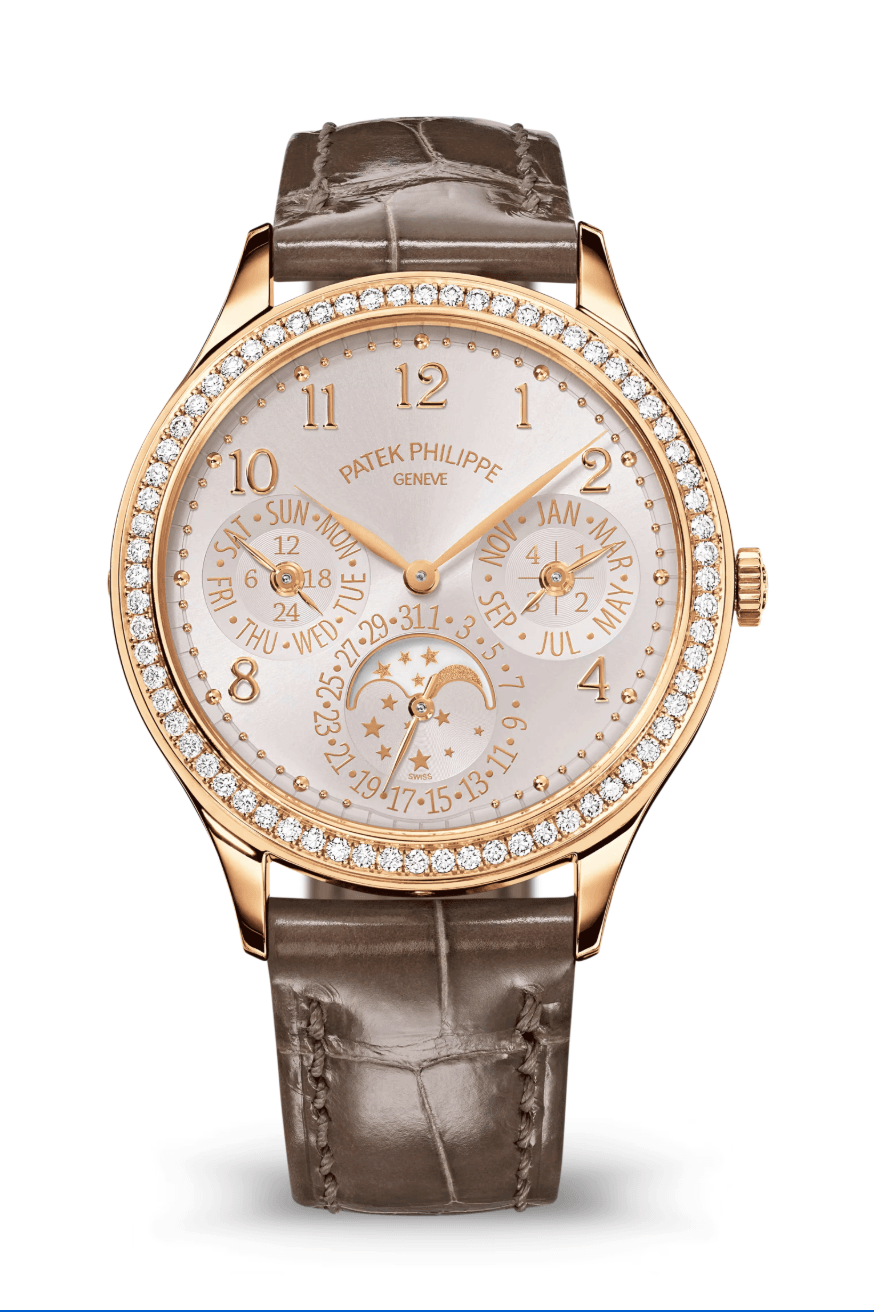 Patek Philippe Grand Complications Perpetual Calendar 35mm Sunburst Silver Dial Diamond Bezel Rose Gold Mink Grey Alligator Strap