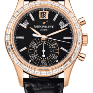 Patek Philippe Complications Flyback Chronograph Annual Calendar 42mm Opaline Black Baguette Dial Baguette Bezel Rose Gold Matte Black Alligator Strap