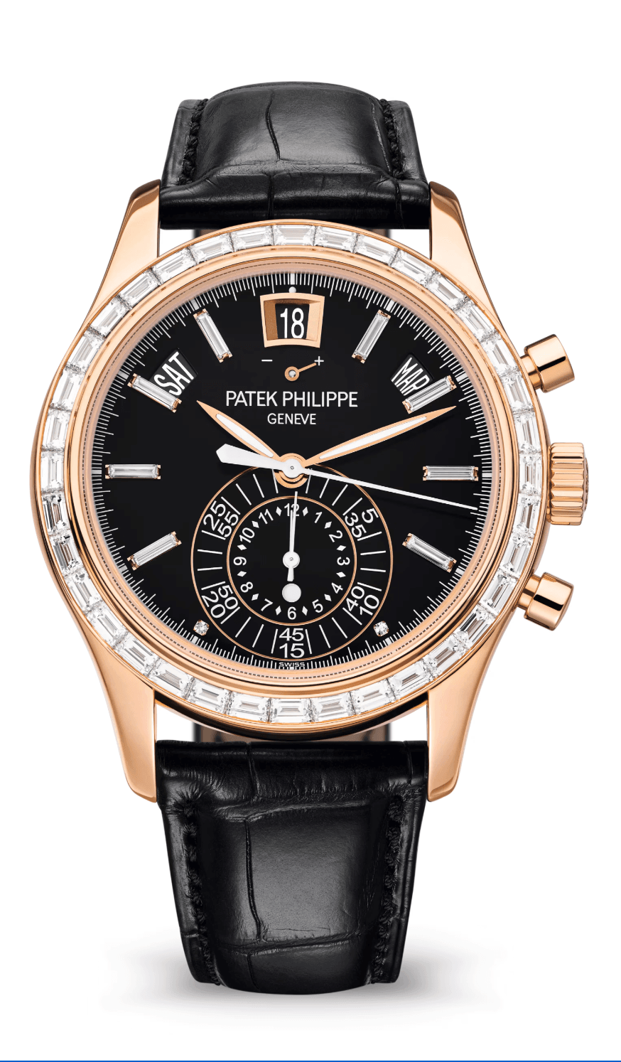 Patek Philippe Complications Flyback Chronograph Annual Calendar 42mm Opaline Black Baguette Dial Baguette Bezel Rose Gold Matte Black Alligator Strap