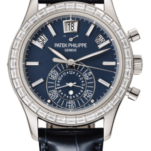 Patek Philippe Complications Flyback Chronograph Annual Calendar 42mm Opaline Blue Baguette Dial Baguette Bezel Platinum Navy Blue Alligator Strap