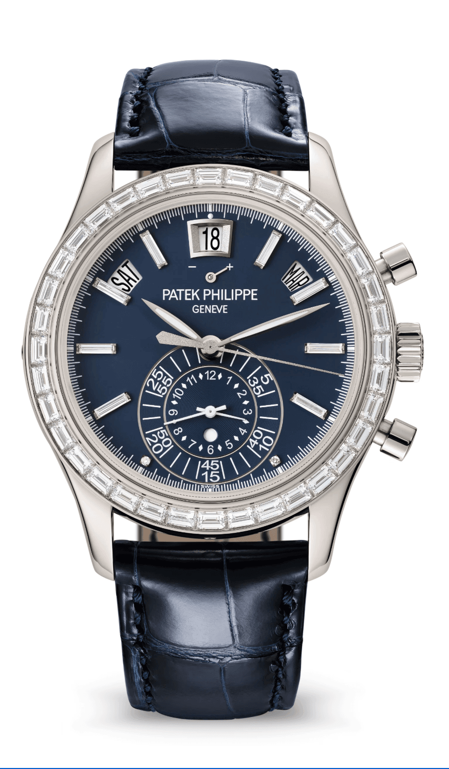 Patek Philippe Complications Flyback Chronograph Annual Calendar 42mm Opaline Blue Baguette Dial Baguette Bezel Platinum Navy Blue Alligator Strap