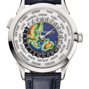 Patek Philippe Complications World Time 38mm Grand Feu Cloisonné Enamel Dial White Gold Navy Blue Alligator Strap