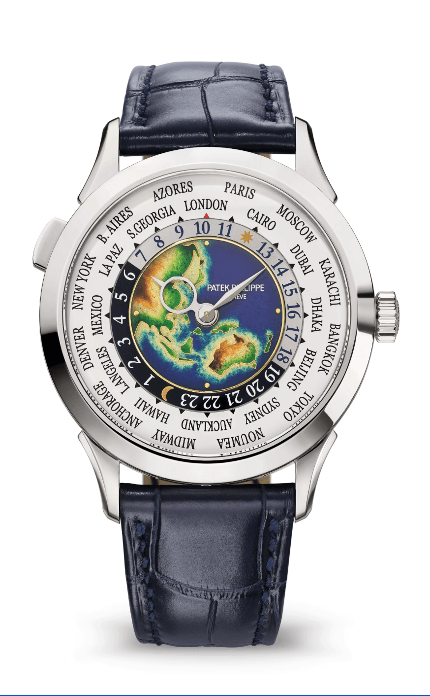 Patek Philippe Complications World Time 38mm Grand Feu Cloisonné Enamel Dial White Gold Navy Blue Alligator Strap