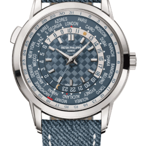 Patek Philippe Complications World Time 40mm Opaline Blue-Grey Dial White Gold Denim Calfskin Strap