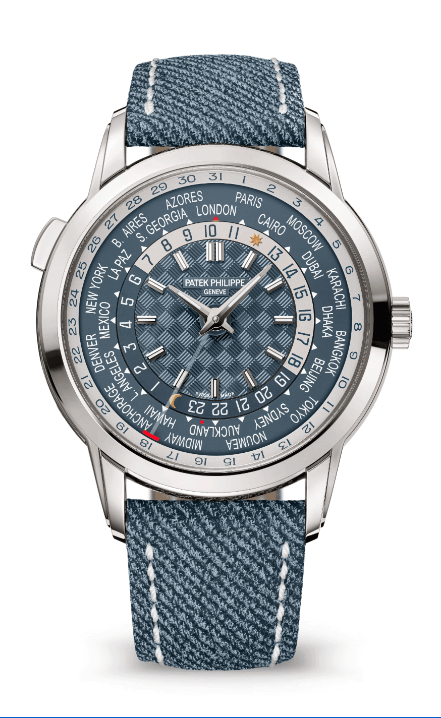 Patek Philippe Complications World Time 40mm Opaline Blue-Grey Dial White Gold Denim Calfskin Strap
